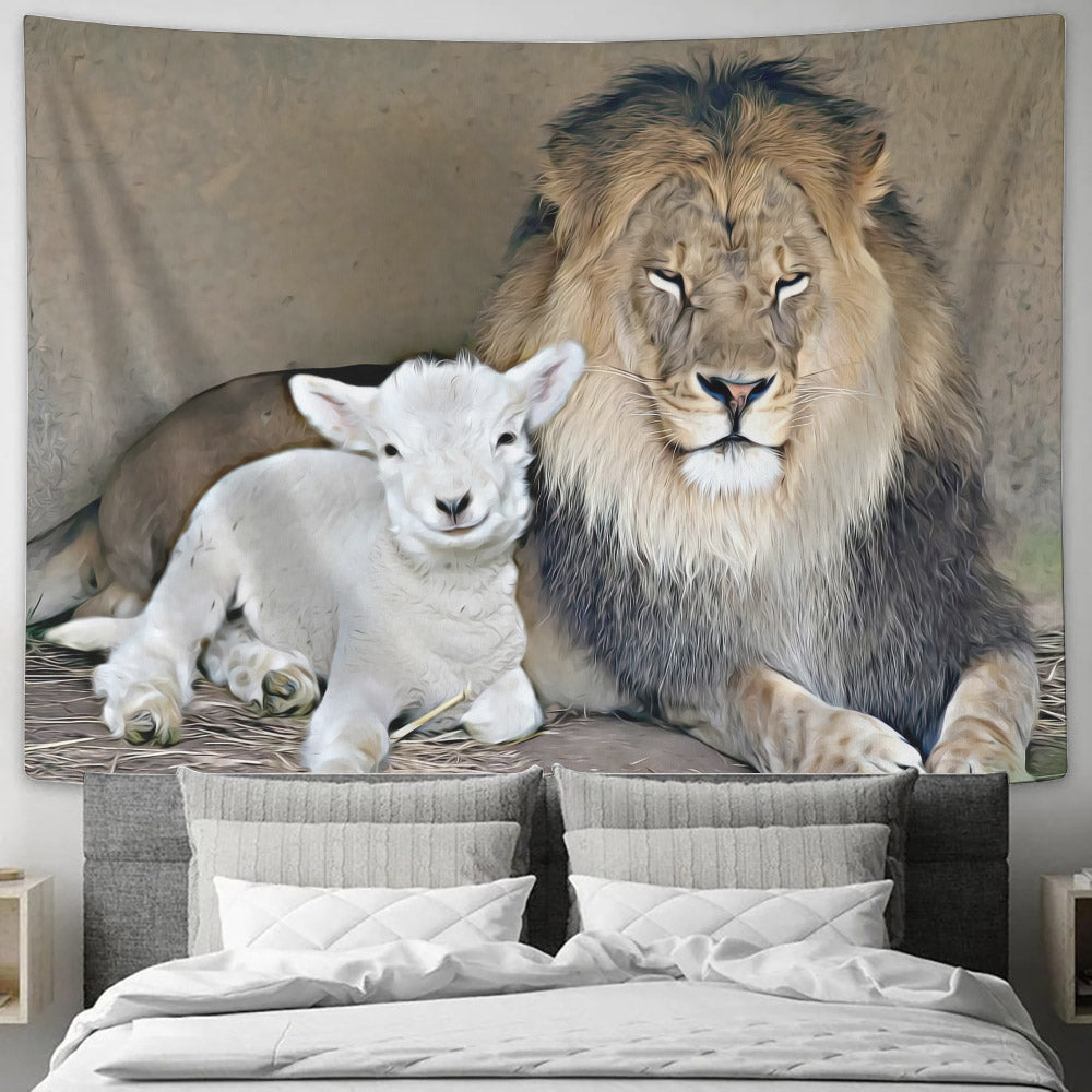 Lion And The Lamb -  Religious Wall Decor - God Tapestry - Christian Wall Tapestry - Biblical Tapestries - Ciaocustom