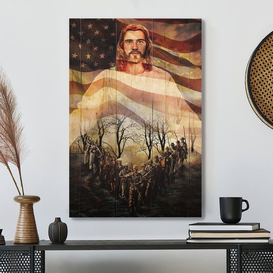 Jesus Portrait Canvas Print - God Wall Art Jesus And Veterans 2 - One Nation Under God - Ciaocustom