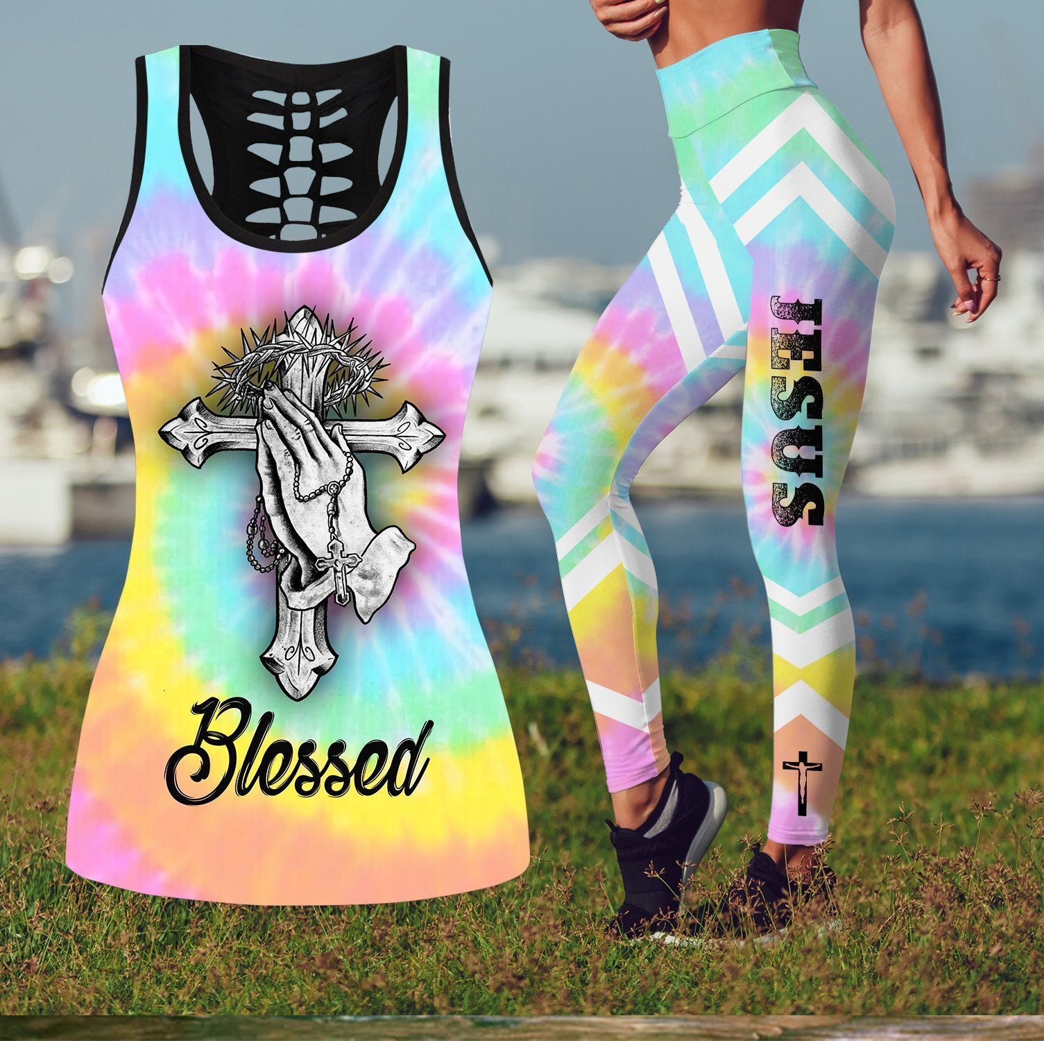 Blessed Jesus Customized Tank And Legging - Christian Tank Top And Legging Sets For Women