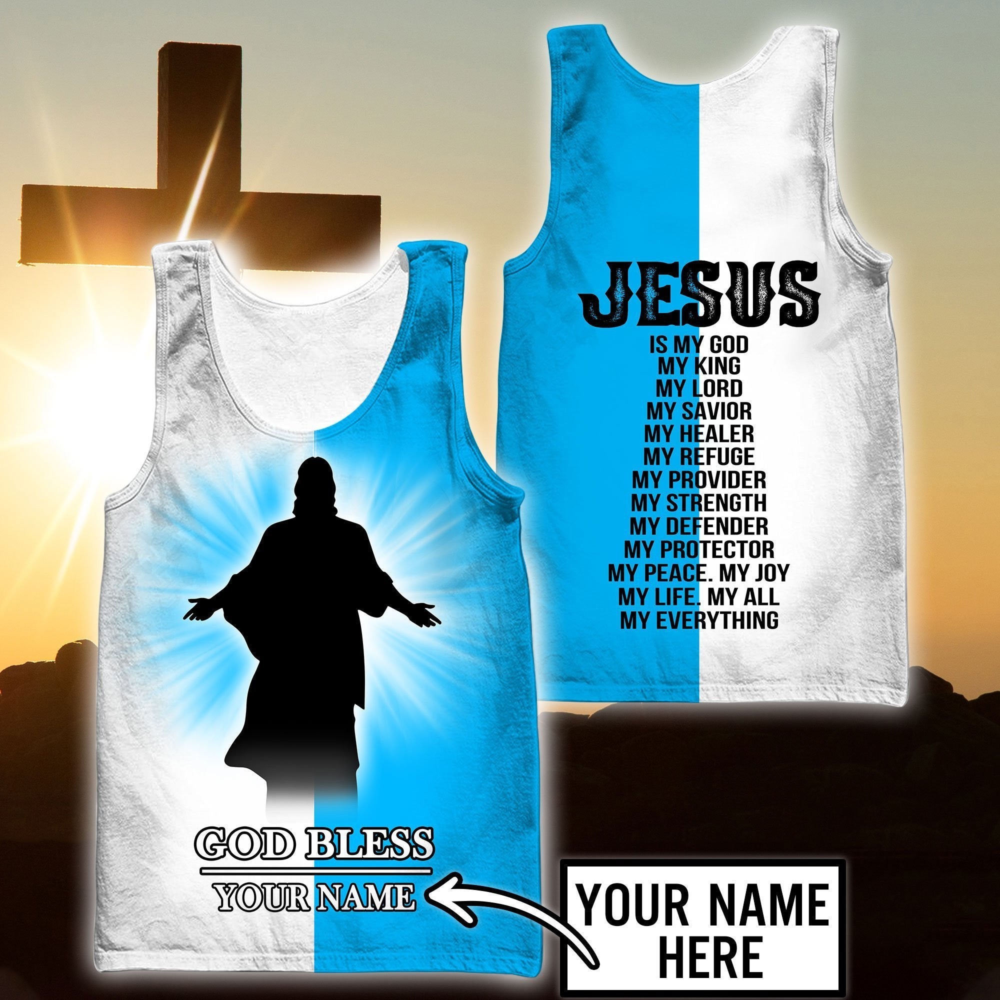 God Blessed White And Blue Color Jesus Customized Men Tank Top - Christian Tank Top For Men