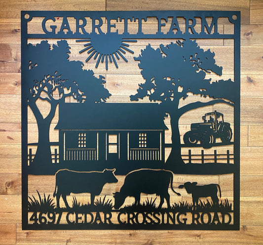 Custom Metal Farm Sign With Farmhouse Cattle And Tractor - Farm House Decor - Large Metal Farm Signs