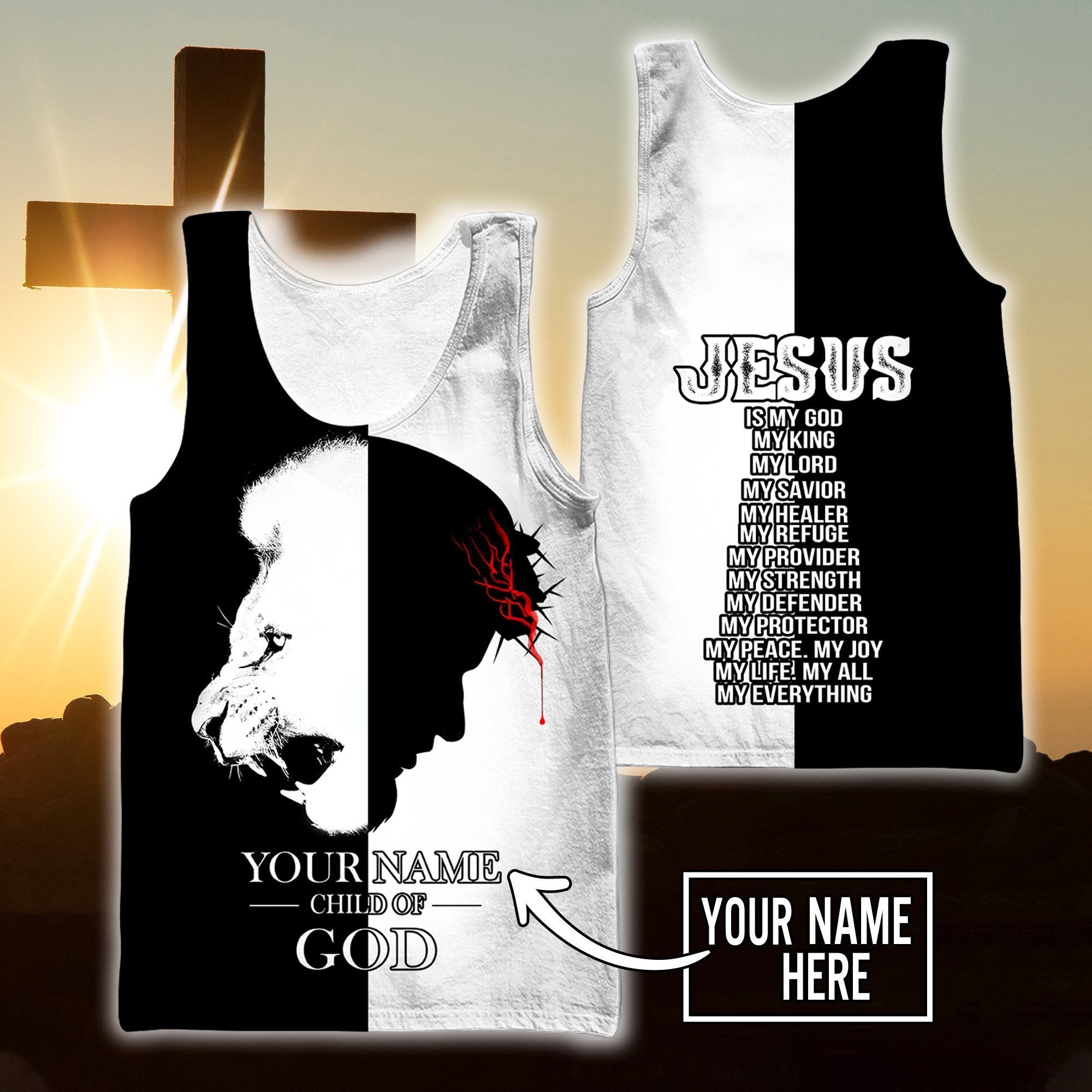 Jesus Lion Child Of God Black And White Color Jesus  Unisex Tank Top - Christian Tank Top For Men