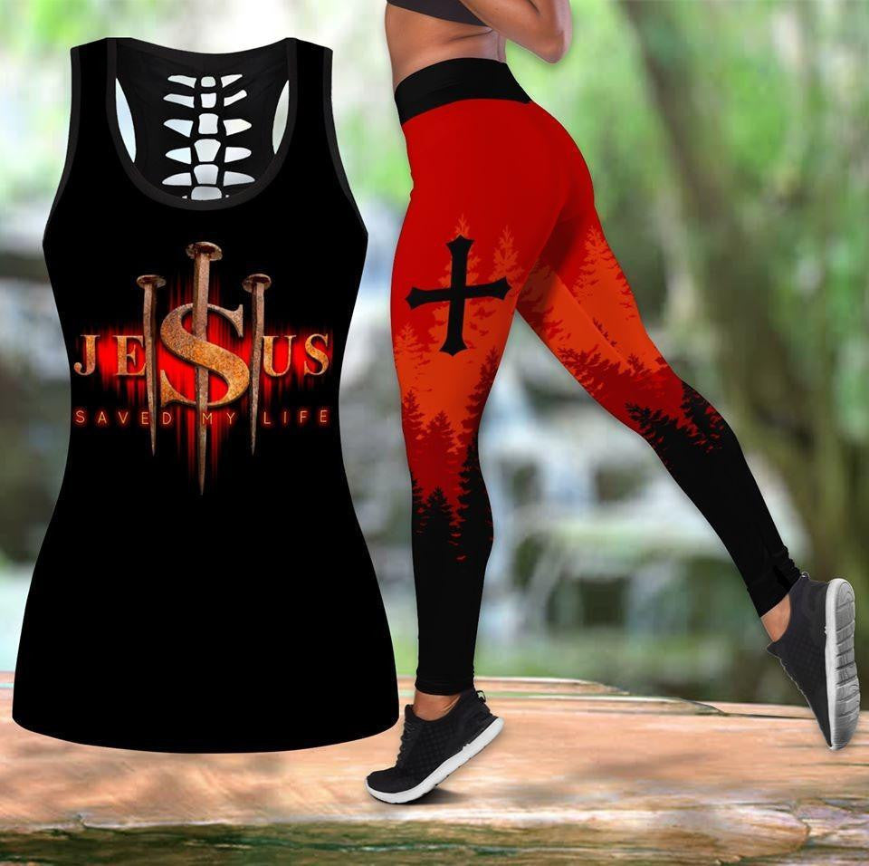 Jesus Saved My Life Tank And Legging Black And Red Color - Christian Tank Top And Legging Sets For Women