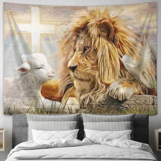 Lion Lamp And Jesus - Lamb Of God Tapestry - Jesus Tapestry - Christian Wall Art Prints - Christian Artwork - Religious Wall Decor - Ciaocustom