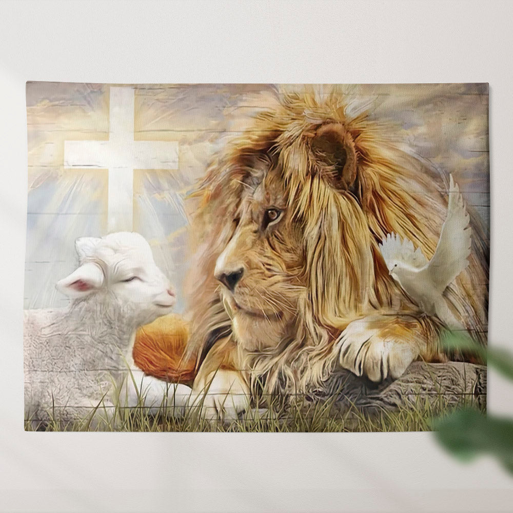 Lion Lamp And Jesus - Lamb Of God Tapestry - Jesus Tapestry - Christian Wall Art Prints - Christian Artwork - Religious Wall Decor - Ciaocustom