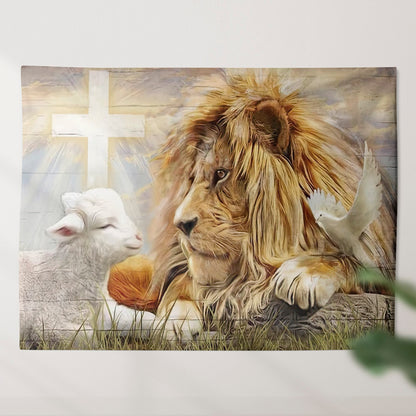 Lion Lamp And Jesus - Lamb Of God Tapestry - Jesus Tapestry - Christian Wall Art Prints - Christian Artwork - Religious Wall Decor - Ciaocustom