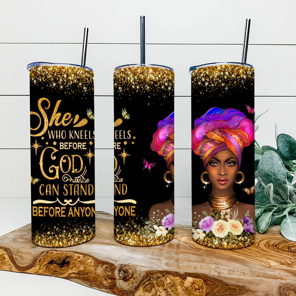 Personalized She Who Kneels Before God Tumbler - Stainless Steel Tumbler - 20 oz Skinny Tumbler - Tumbler For Cold Drinks - Ciaocustom