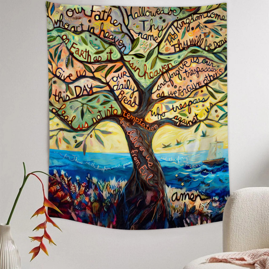 Our Father Prayer Tree Tapestry - Christian Wall Tapestry - Jesus Christ Tapestry Wall Art - Tapestry Wall Hanging - Gift For Christian - Ciaocustom
