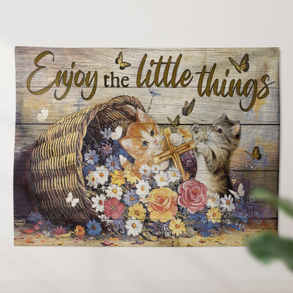 Enjoy The Little Things Tapestry - Cat And Cross Tapestry - God Tapestry - Christian Wall Art - Religious Tapestry Wall Hangings - Ciaocustom