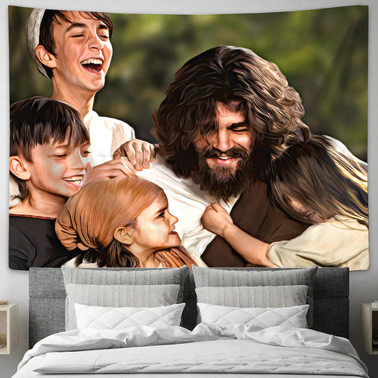 Jesus Smiling With Children - Christian Wall Art - Christian Tapestry Wall Hanging - Jesus Christ Tapestry Wall Art  - Ciaocustom