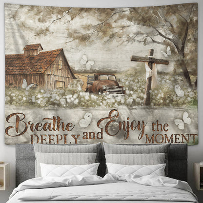 Breathe Deeply And Enjoy The Moment Tapestry - Cross - Bible Verse Tapestry - Christian Wall Art - Religious Tapestry Wall Hangings - Ciaocustom