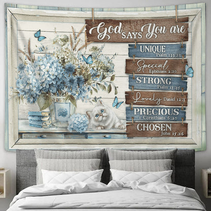 God Says You Are - Cat - Hydrangeas Flowers - Butterfly - Bible Verse Tapestry - Religious Tapestry - Christian Tapestry Wall Hanging - Ciaocustom