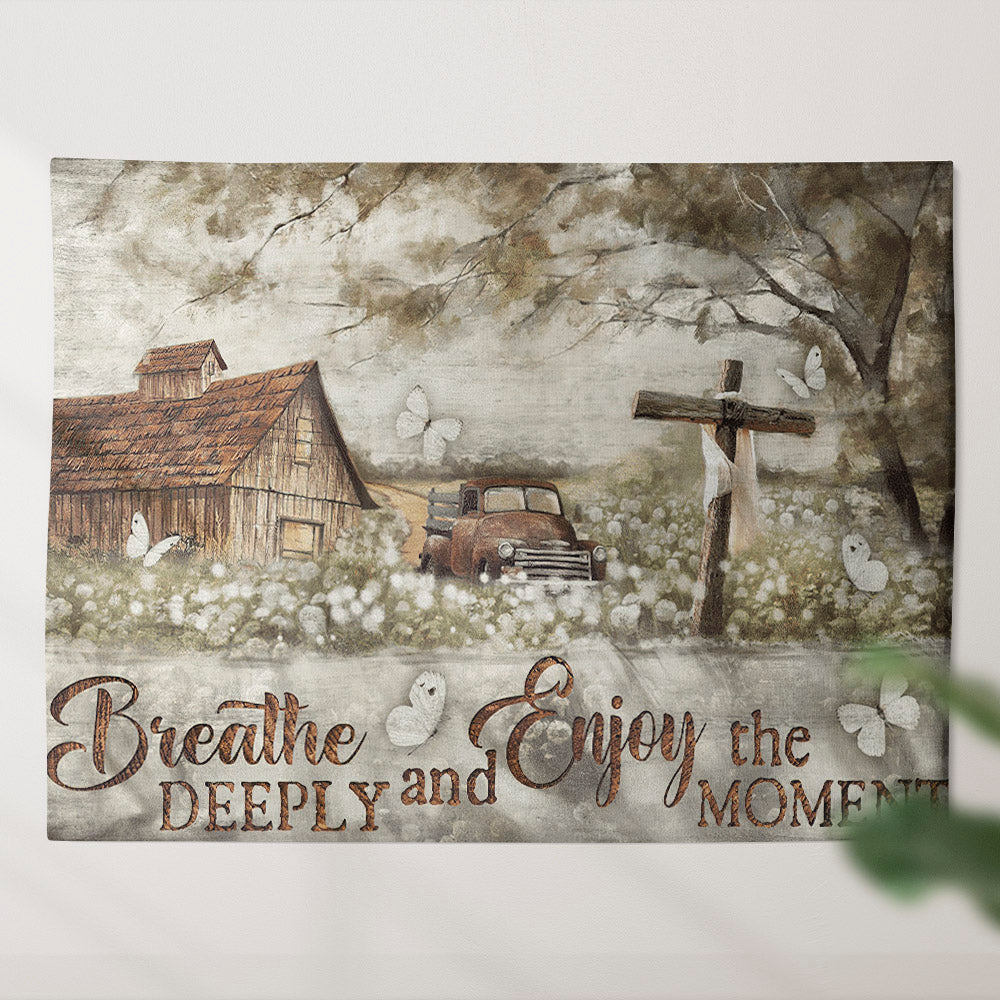 Breathe Deeply And Enjoy The Moment Tapestry - Cross - Bible Verse Tapestry - Christian Wall Art - Religious Tapestry Wall Hangings - Ciaocustom