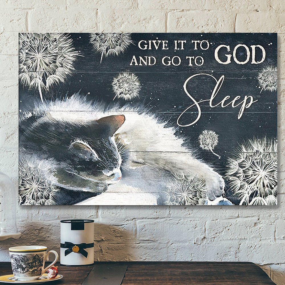 Give It To God And Go To Sleep Canvas Wall Art - White Cat, Dandelion, Night sky - Landscape Canvas Prints - Christian Canvas Wall Art - Ciaocustom