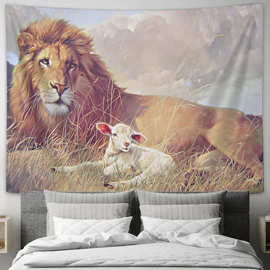 Lion And Lamb Tapestry - Lamb of God Tapestry - Jesus Tapestry - Religious Tapestry Wall Hangings - Jesus Christ Tapestry - Ciaocustom