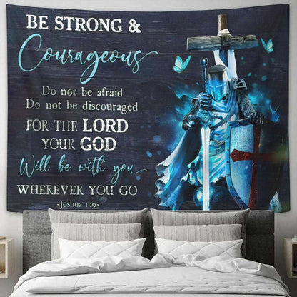 Be Strong And Courageous Tapestry - Warrior and Cross - God Tapestry - Christian Tapestry Wall Hanging - Religious Tapestry - Ciaocustom