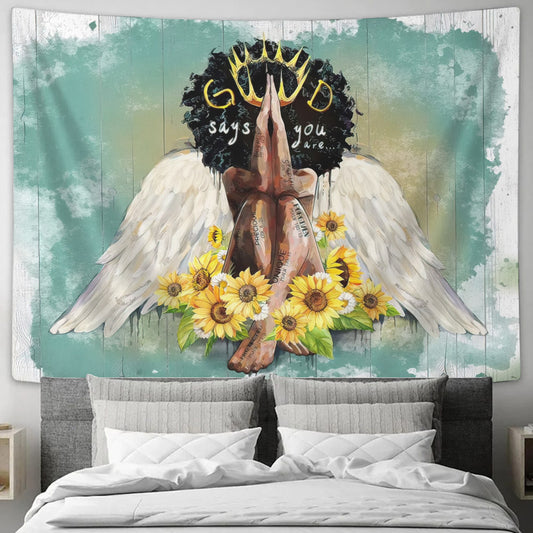 God Say You Are - Black Girl And Sunflower Picture - Sunflower Wall Tapestry - Christian Tapestry - Religious Tapestry Wall Hangings - Ciaocustom