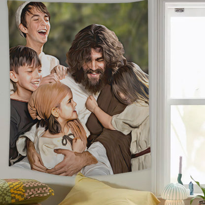 Jesus Christ Tapestry Wall Art - Jesus Smiling With Children - Religious Tapestry Wall Hangings - God Tapestry - Gift For Christian - Ciaocustom