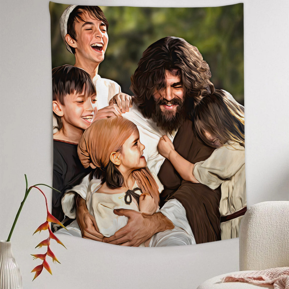 Jesus Christ Tapestry Wall Art - Jesus Smiling With Children - Religious Tapestry Wall Hangings - God Tapestry - Gift For Christian - Ciaocustom