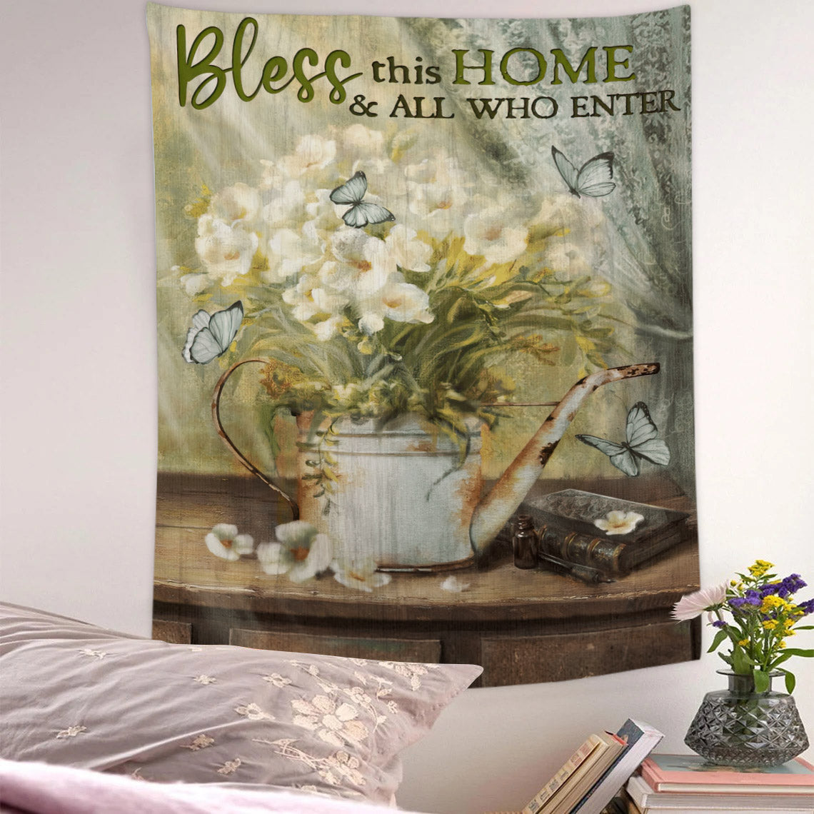 Bless This Home And All Who Enter - Christian Wall Tapestry - Religious Tapestry Wall Hangings - Bible Verse Wall Tapestry - Religious Tapestry - Ciaocustom