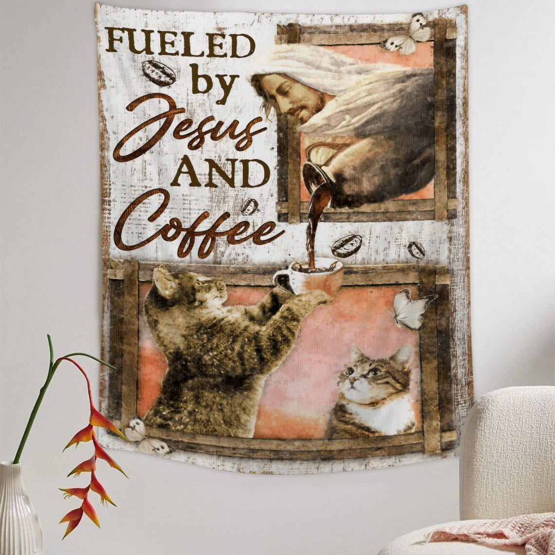 Fueled By Jesus And Coffee - Christian Wall Tapestry - Religious Tapestry Wall Hangings - Bible Verse Wall Tapestry - Religious Tapestry - Ciaocustom