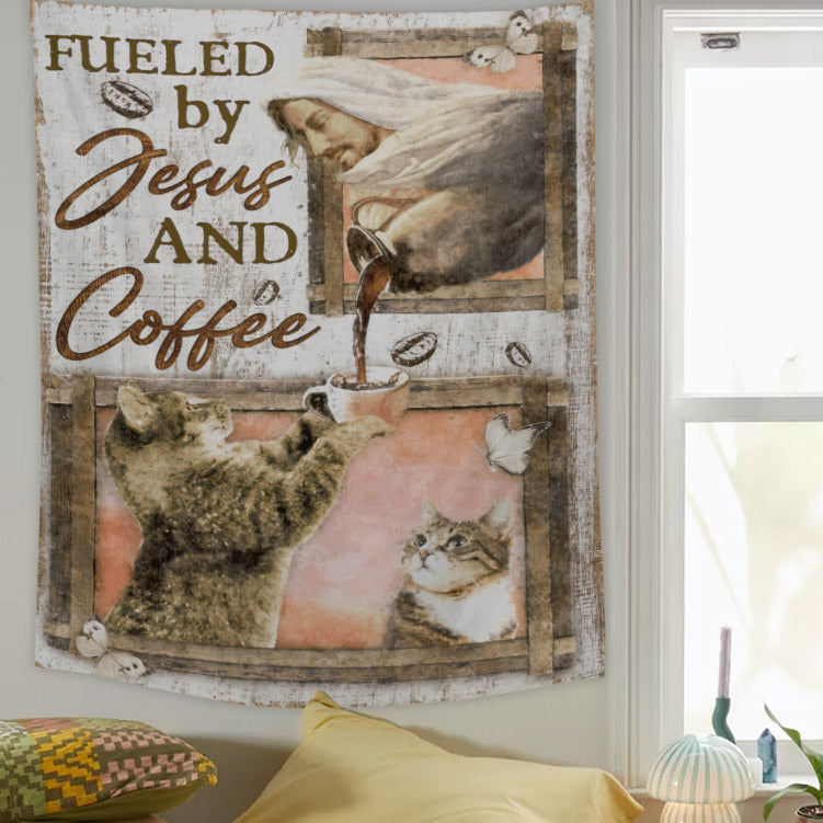 Fueled By Jesus And Coffee - Christian Wall Tapestry - Religious Tapestry Wall Hangings - Bible Verse Wall Tapestry - Religious Tapestry - Ciaocustom