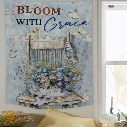 Bloom With Grace Tapestry - Christian Wall Art - Bible Verse Tapestry - Religious Tapestry - Christian Tapestry Wall Hanging - Ciaocustom