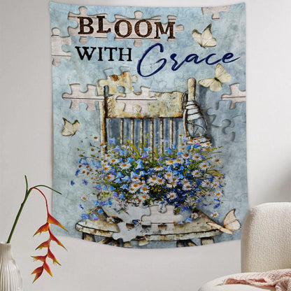 Bloom With Grace Tapestry - Christian Wall Art - Bible Verse Tapestry - Religious Tapestry - Christian Tapestry Wall Hanging - Ciaocustom