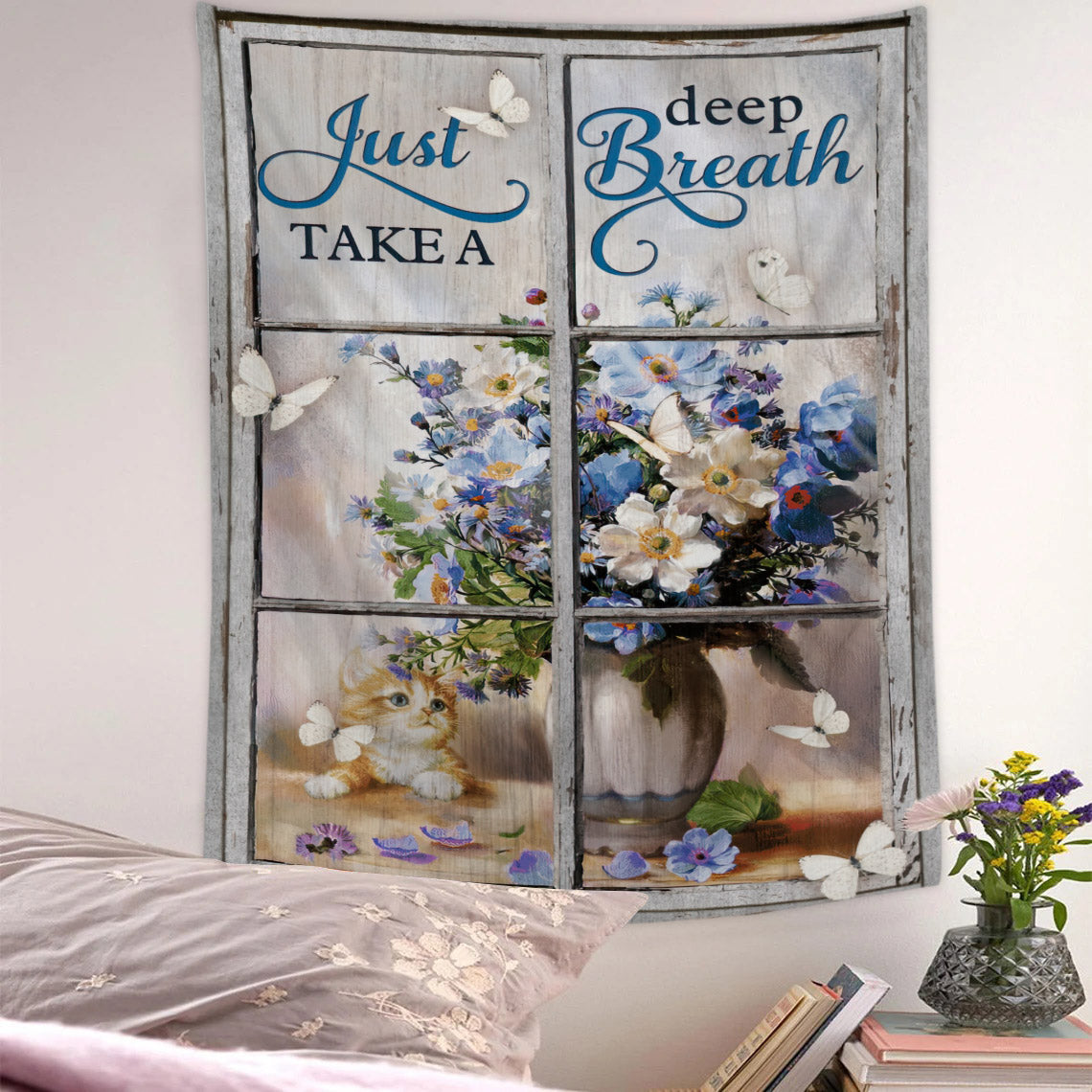 Just Take A Deep Breath Tapestry - Flowers - Butterfly - Bible Verse Tapestry - Religious Tapestry - Christian Tapestry Wall Hanging - Ciaocustom