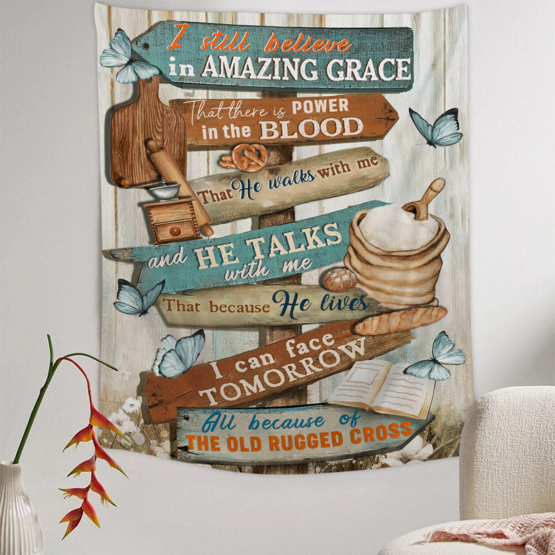 I Still Believe In Amazing Grace Tapestry - Cross - Butterfly - Bible Verse Tapestry - Religious Tapestry - Christian Tapestry - Ciaocustom