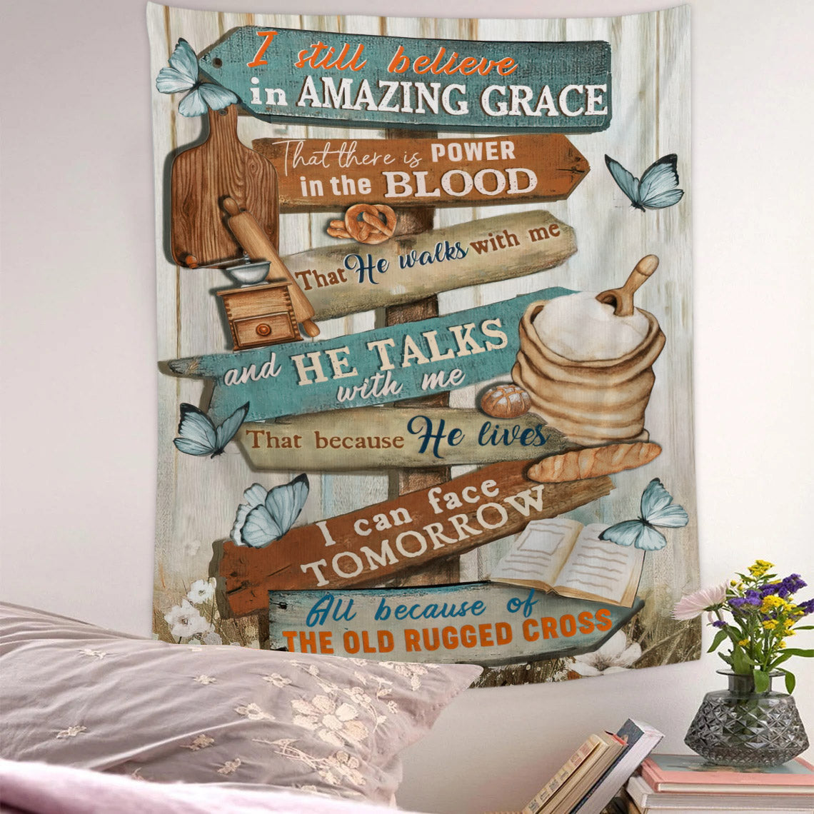 I Still Believe In Amazing Grace Tapestry - Cross - Butterfly - Bible Verse Tapestry - Religious Tapestry - Christian Tapestry - Ciaocustom