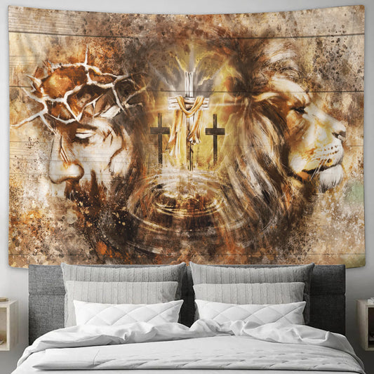 Lion And Jesus Tapestry - Lion Wall Art - God Tapestry - Tapestry Wall Hanging - Christian Wall Tapestry - Religious Tapestry - Ciaocustom