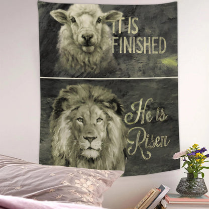 He Is Risen, It Is Finished Tapestry - Lion And Lamb - Bible Verse Wall Tapestry - Christian Tapestry - Religious Tapestry Wall Hangings - Ciaocustom