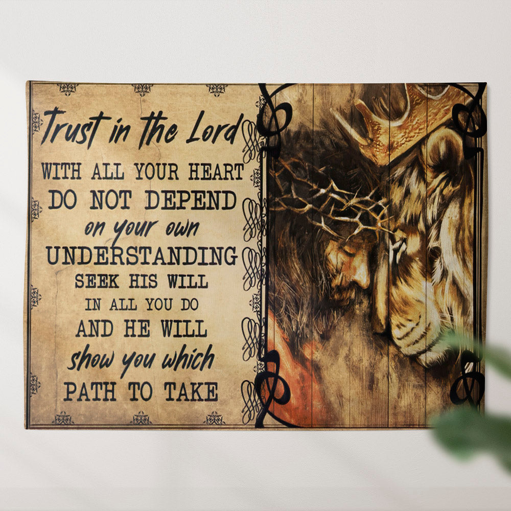 Trust In The Lord - Lion And Jesus Tapestry - God Tapestry - Tapestry Wall Hanging - Christian Wall Tapestry - Religious Tapestry - Ciaocustom