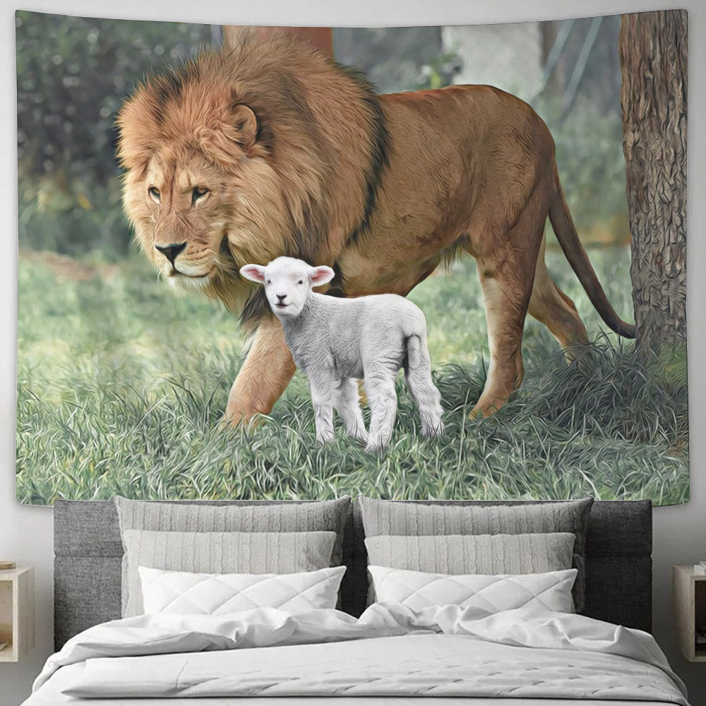 Lion And The Lamb  - Religious Wall Decor - Christian Tapestry Wall - Christian Tapestry Wall Hanging - Ciaocustom