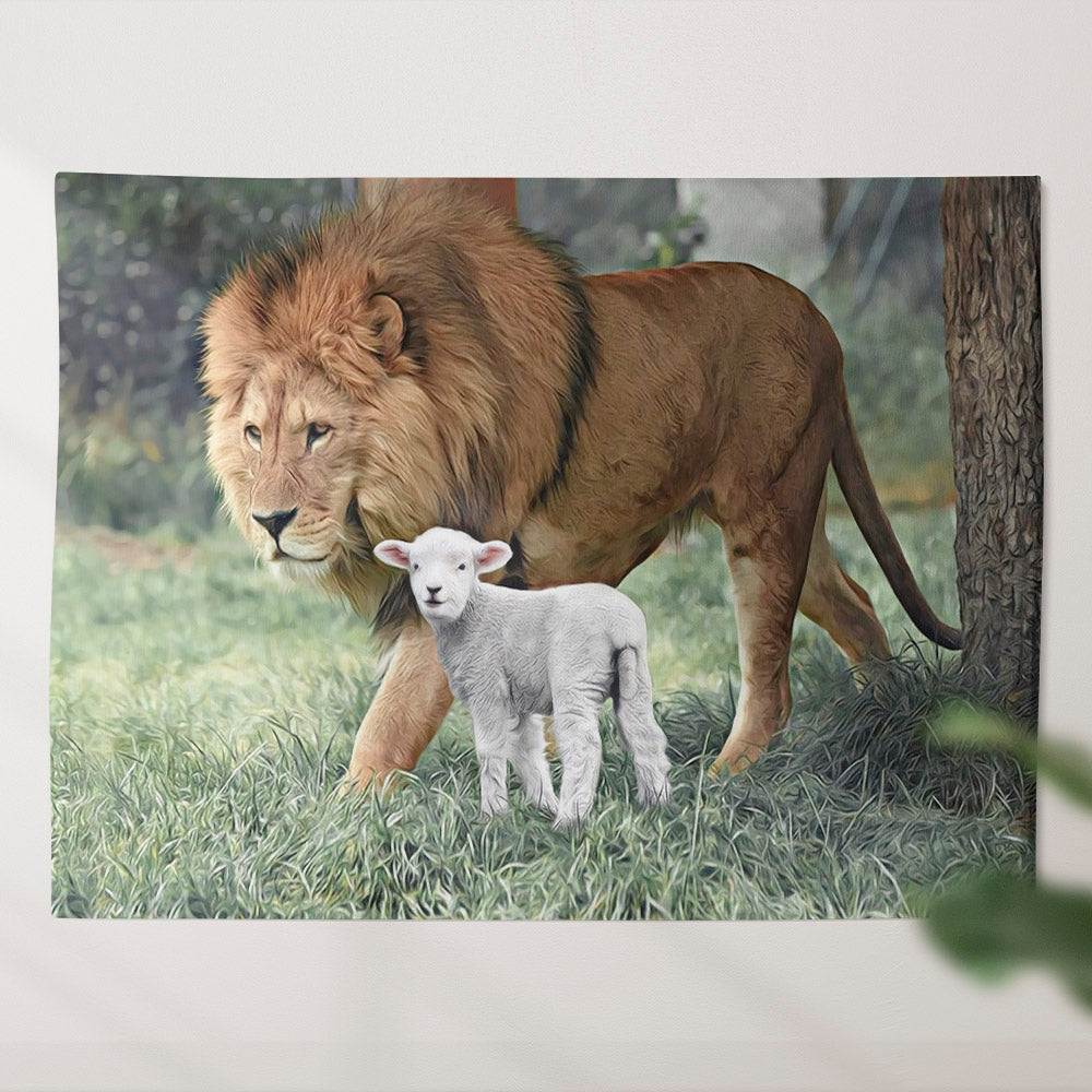 Lion And The Lamb - Religious Wall Decor - Christian Tapestry Wall - Christian Tapestry Wall Hanging - Ciaocustom