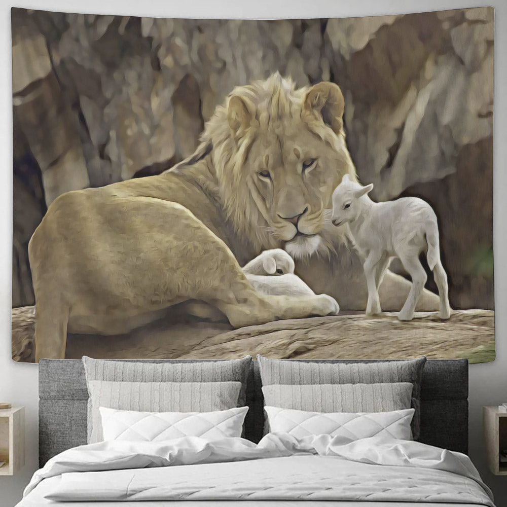 The Lion and The Lamb  - Christian Tapestry - Christian Tapestry Wall - Religious Wall Decor - Ciaocustom