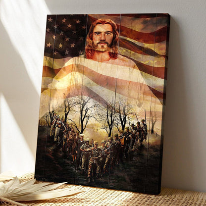 Jesus Portrait Canvas Print - God Wall Art Jesus And Veterans 2 - One Nation Under God - Ciaocustom