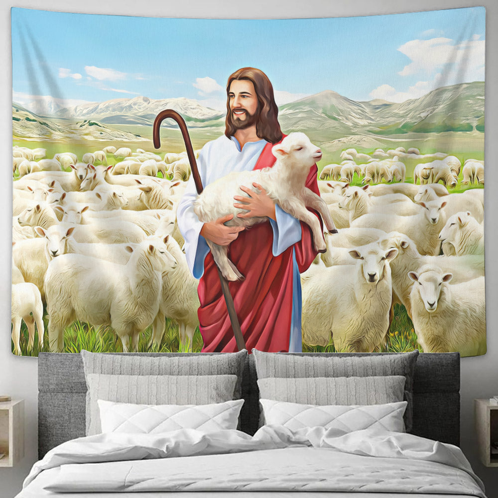 Lord Holding A Lamb  - Christian Tapestry - Christian Tapestry Wall - Religious Wall Decor - Ciaocustom