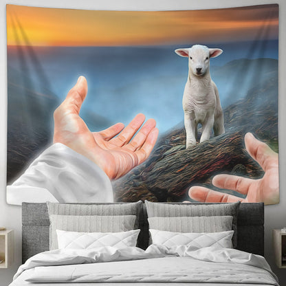 Hands of God Reaching Out To A Lost Sheep - Biblical Tapestries - Christian Tapestry Wall - Religious Wall Decor - Ciaocustom