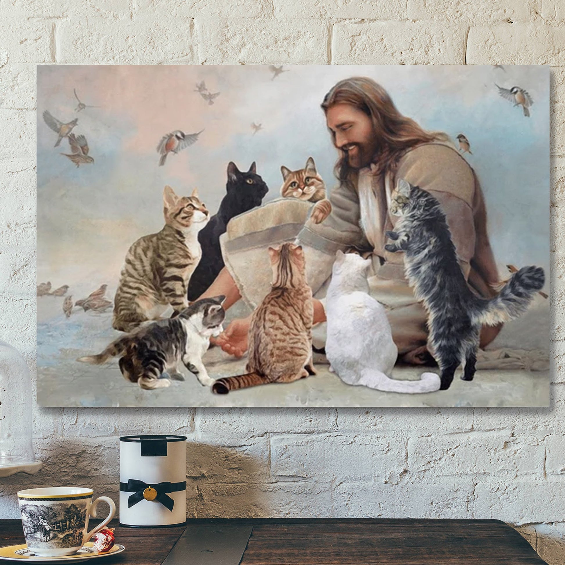 Jesus Is Surrounded By Cats Canvas Wall Art - Jesus With Cats Wall Decor - Ciaocustom