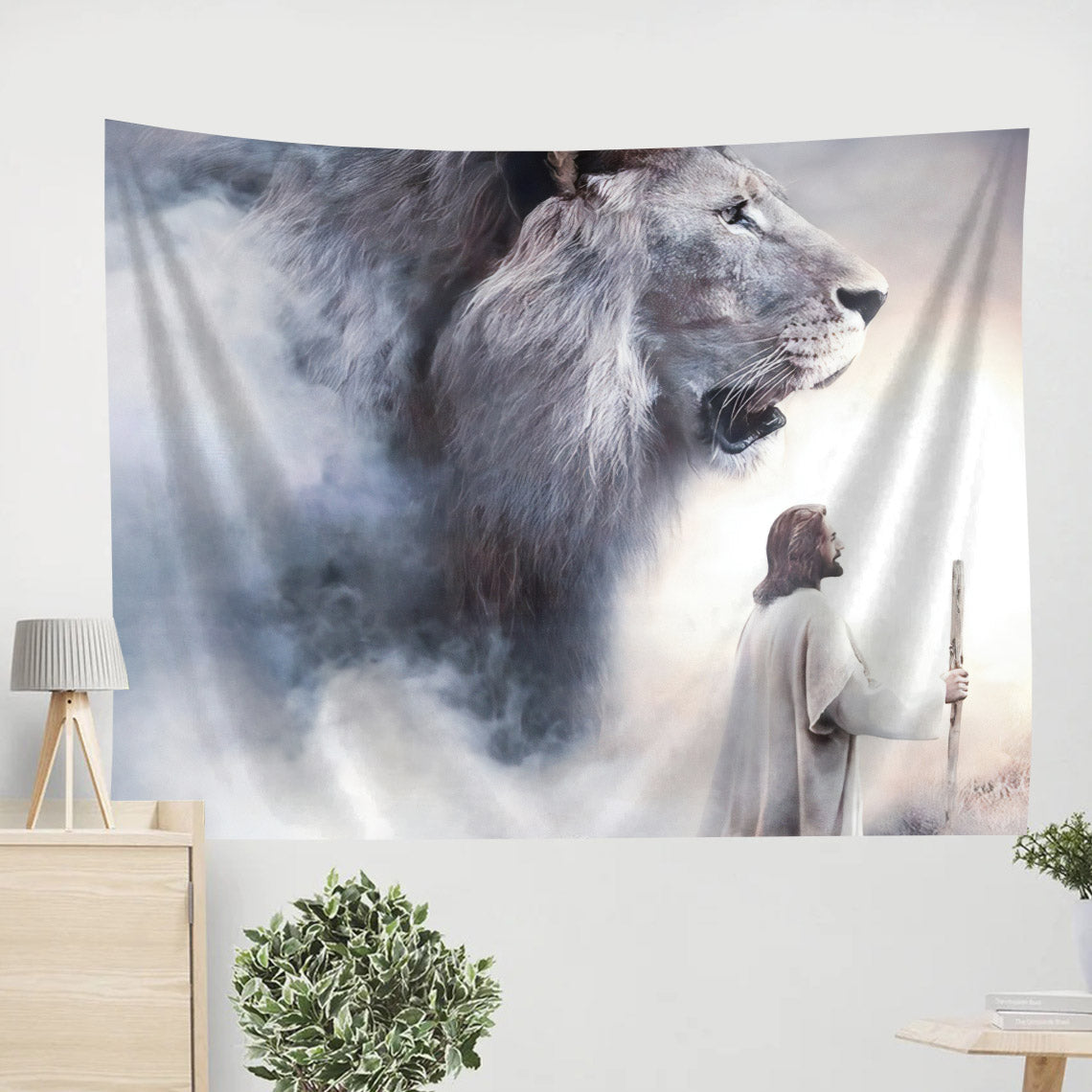 Jesus and Lion -Tapestry Wall Hanging - Jesus Christ Tapestry Wall Art - Christian Wall Art - Ciaocustom