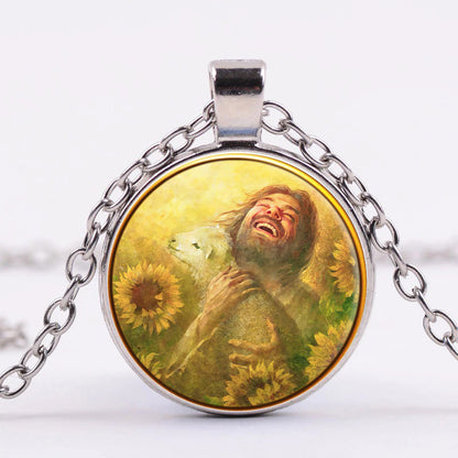 Jesus And Lamb In Field Of Sun Flowers - Jesus Christ Necklace - Religious Pendant - Catholic Necklace - Ciaocustom