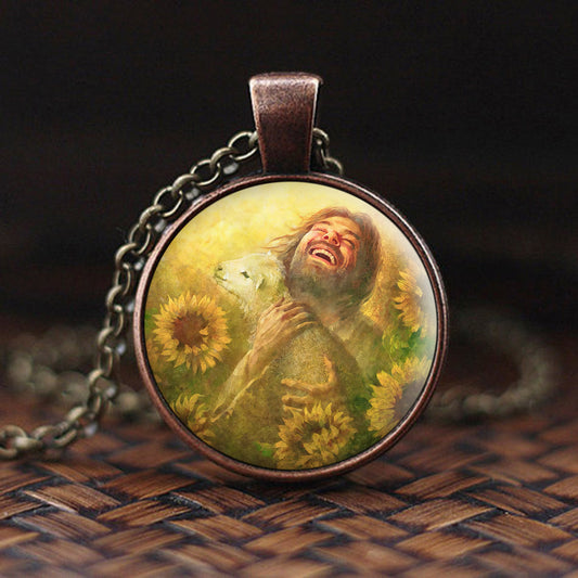 Jesus And Lamb In Field Of Sun Flowers - Jesus Christ Necklace -  Religious Pendant - Catholic Necklace - Ciaocustom