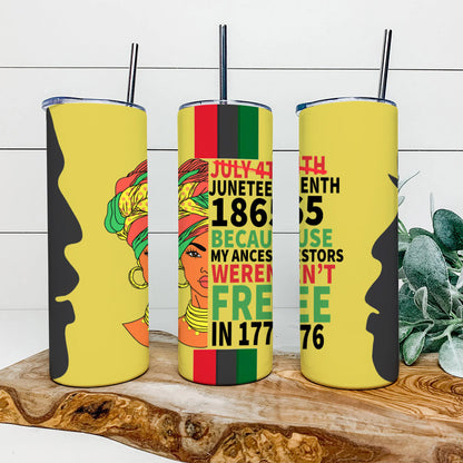 My Ancestors Weren't Free In 1776 - Juneteenth Tumbler - Stainless Steel Tumbler - 20 oz Skinny Tumbler - Tumbler For Cold Drinks - Ciaocustom