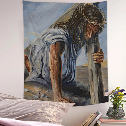 Jesus Falling Tapestry - God Tapestry - Religious Tapestry Wall Hangings - Christian Wall Tapestry - Bible Verse Wall Tapestry - Ciaocustom