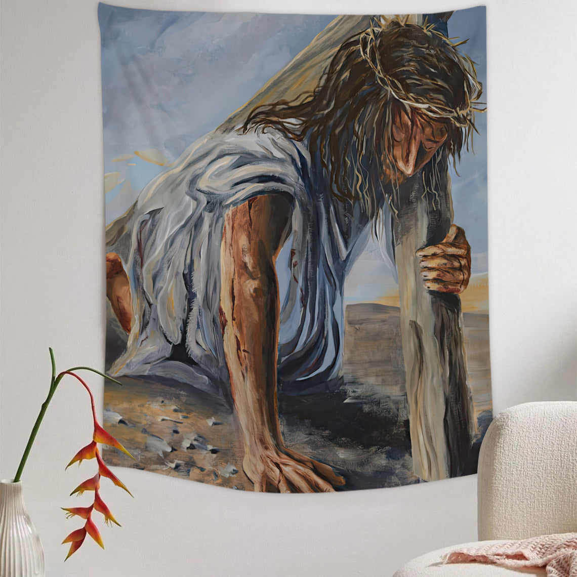 Jesus Falling Tapestry - God Tapestry - Religious Tapestry Wall Hangings - Christian Wall Tapestry - Bible Verse Wall Tapestry - Ciaocustom