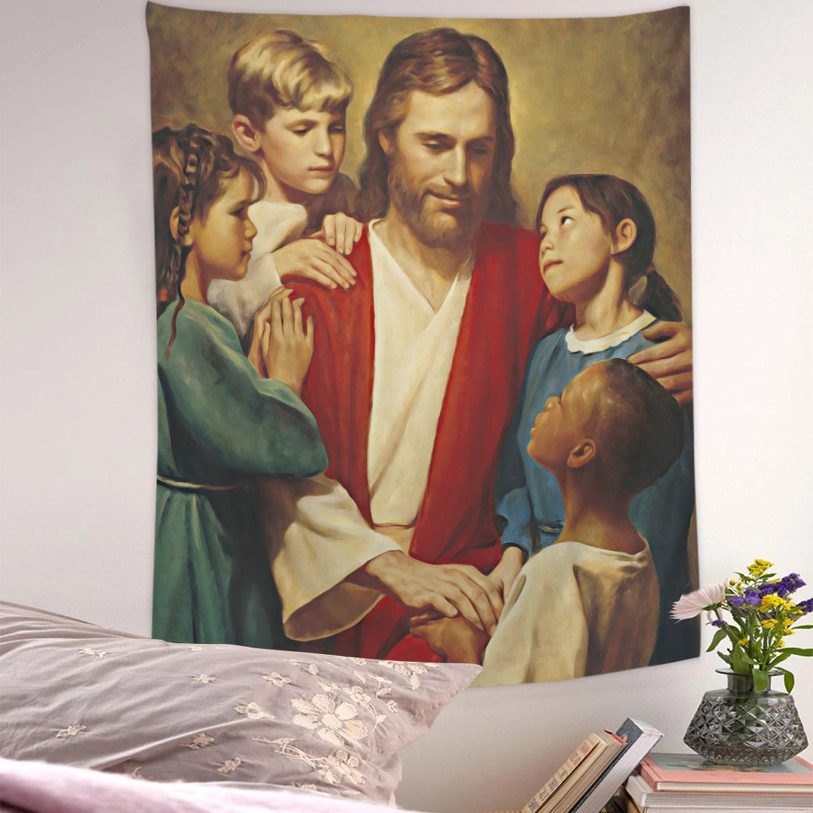 Jesus Loves the Little Children - Jesus Tapestry - Picture Of Jesus With Children - Christian Tapestry - Religious Tapestry Wall Hangings - Ciaocustom