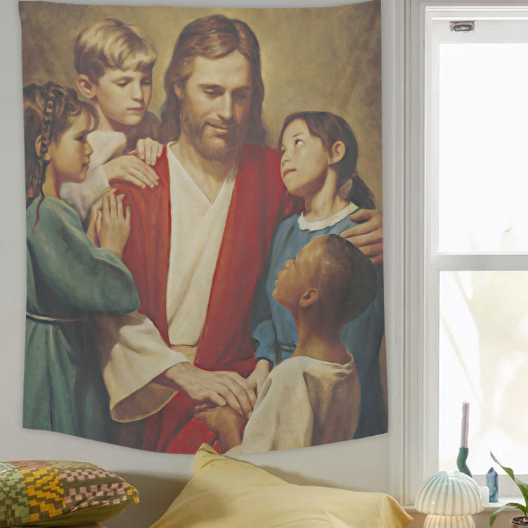 Jesus Loves the Little Children - Jesus Tapestry - Picture Of Jesus With Children - Christian Tapestry - Religious Tapestry Wall Hangings - Ciaocustom