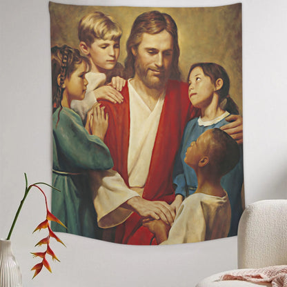 Jesus Loves the Little Children - Jesus Tapestry - Picture Of Jesus With Children - Christian Tapestry - Religious Tapestry Wall Hangings - Ciaocustom